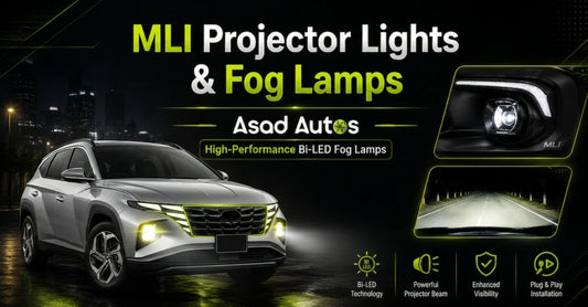 Premium SUV showing high-performance MLI projector lights and illuminated Bi-LED fog lamps from Asad Autos