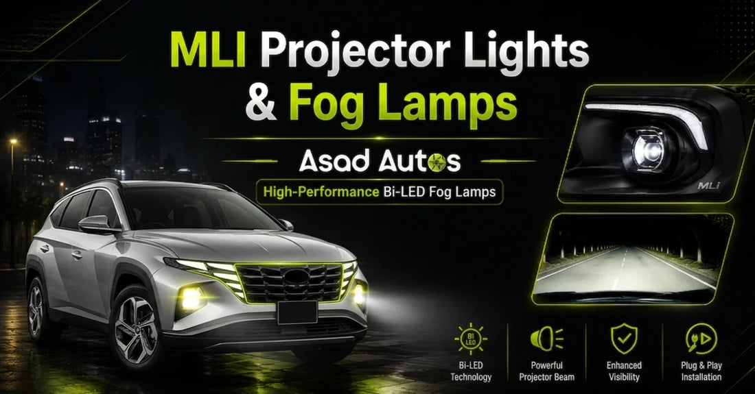 Premium SUV showing high-performance MLI projector lights and illuminated Bi-LED fog lamps from Asad Autos