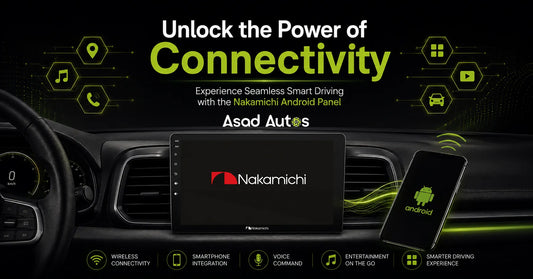 Premium automotive dashboard featuring Nakamichi Android Panel with seamless smartphone connectivity, wireless integration, and modern infotainment system in a luxury black and green themed interior.