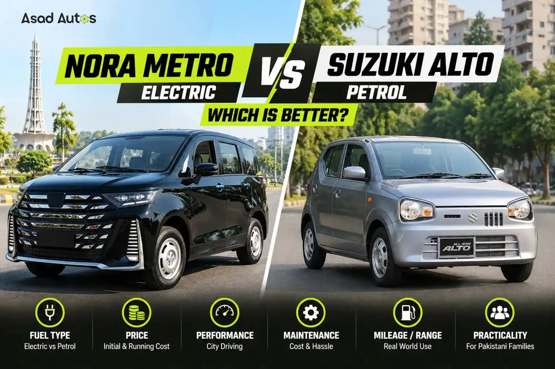 Nora Metro electric car vs Suzuki Alto petrol car comparison in Pakistan – price, specifications and features by Asad Autos.