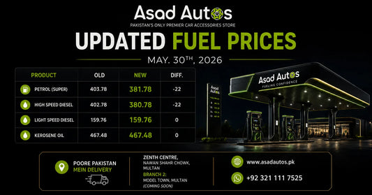 Updated fuel prices in Pakistan May 2026 featuring petrol, high-speed diesel, light-speed diesel, and kerosene oil rates with Asad Autos fuel station illustration.