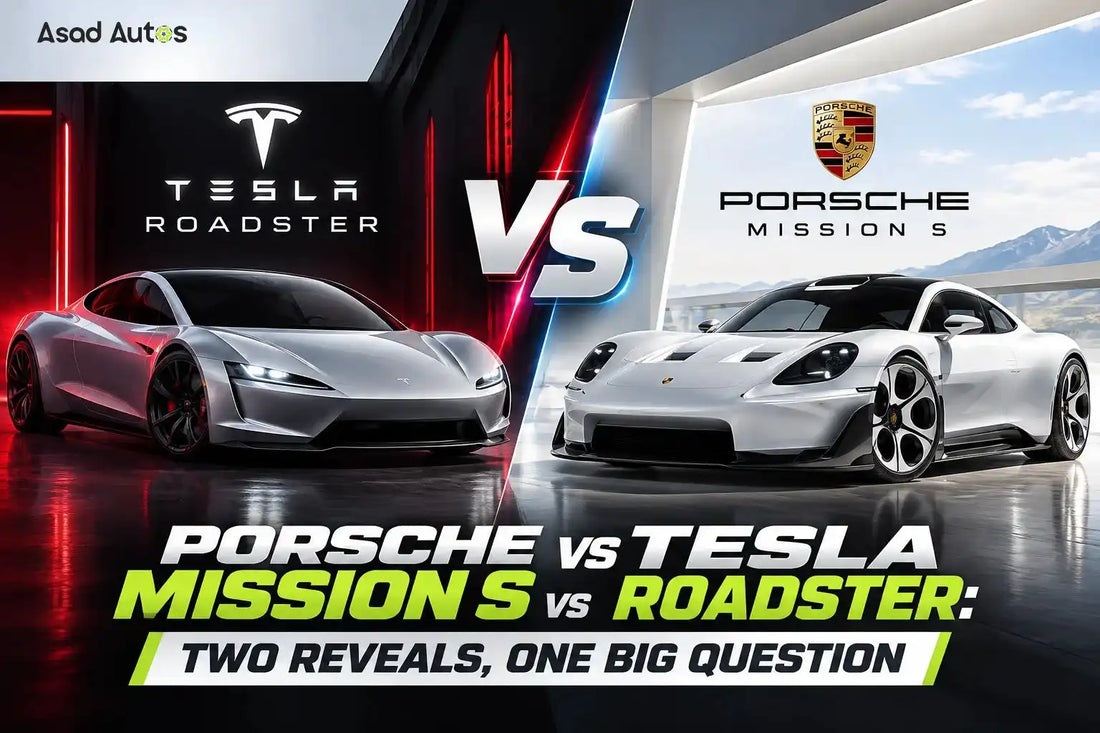 Porsche Mission S mid-engine supercar concept compared with the Tesla Roadster electric sports car following their October 2026 reveals