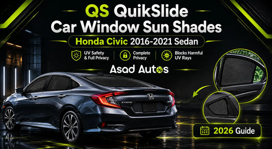 QS QuikSlide Car Window Sun Shades for Honda Civic 2016–2021 Sedan editorial cover image highlighting UV safety, full privacy, and premium automotive accessory styling.