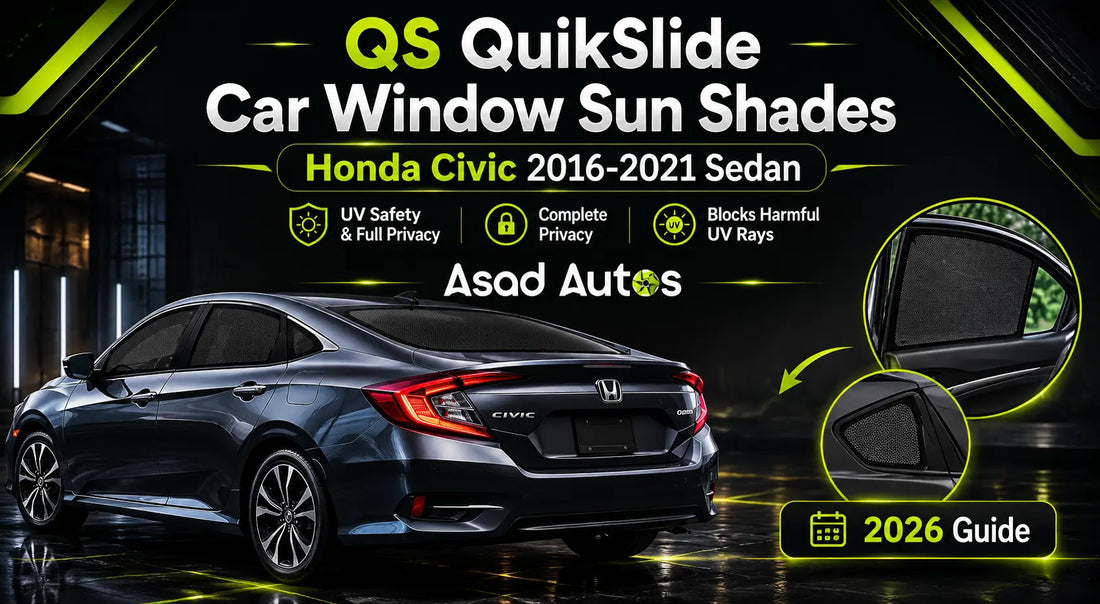 QS QuikSlide Car Window Sun Shades for Honda Civic 2016–2021 Sedan editorial cover image highlighting UV safety, full privacy, and premium automotive accessory styling.