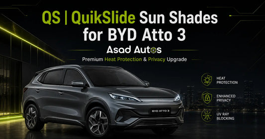 Premium BYD Atto 3 electric SUV fitted with QS QuikSlide Sun Shades, highlighting enhanced cabin privacy, heat protection, UV blocking technology, and OEM-style fitment for 2025–2026 models.