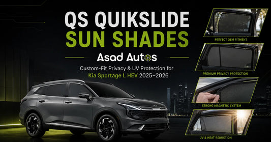 Custom-fit QS QuikSlide magnetic sun shades for Kia Sportage L HEV 2025–2026, showcasing premium privacy protection, UV blocking mesh, and OEM-style window fitment.