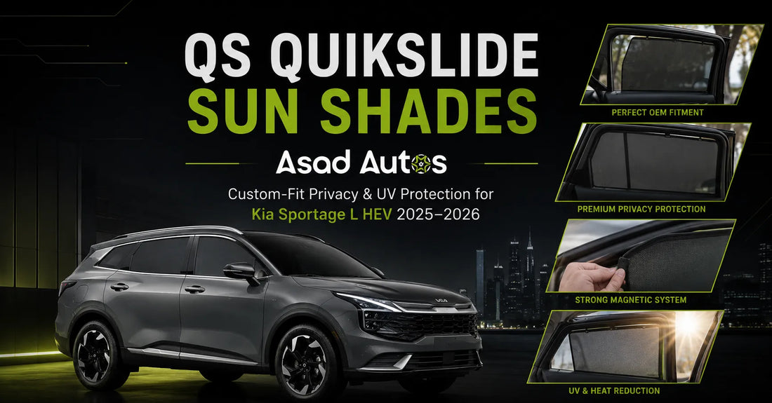 Custom-fit QS QuikSlide magnetic sun shades for Kia Sportage L HEV 2025–2026, showcasing premium privacy protection, UV blocking mesh, and OEM-style window fitment.