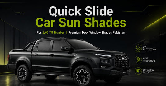 Black JAC T9 Hunter pickup equipped with Quick Slide Car Sun Shades, demonstrating premium UV protection, heat reduction, and enhanced privacy through OEM-style window shade installation.