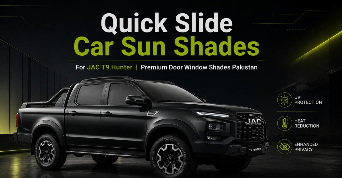 Black JAC T9 Hunter pickup equipped with Quick Slide Car Sun Shades, demonstrating premium UV protection, heat reduction, and enhanced privacy through OEM-style window shade installation.