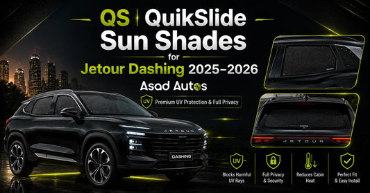QS QuikSlide Sun Shades for Jetour Dashing 2025–2026 editorial cover image highlighting premium UV protection, privacy, reduced cabin heat, OEM fitment, and Asad Autos luxury automotive styling.