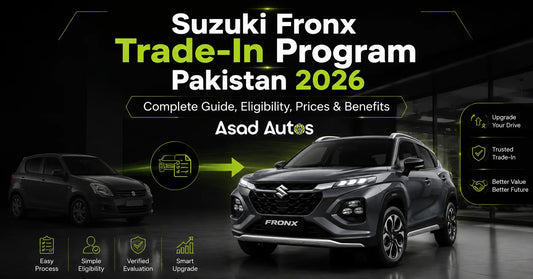 Asad Autos Suzuki Fronx Trade-In Program Pakistan 2026 banner featuring vehicle exchange, Fronx crossover SUV, eligibility, prices, and upgrade benefits.