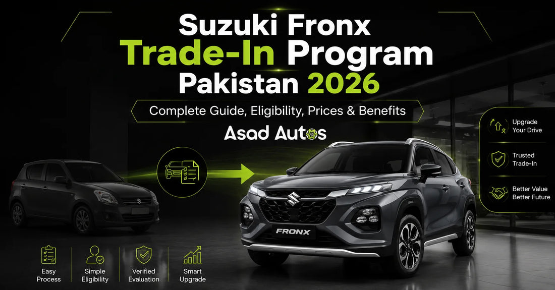 Asad Autos Suzuki Fronx Trade-In Program Pakistan 2026 banner featuring vehicle exchange, Fronx crossover SUV, eligibility, prices, and upgrade benefits.