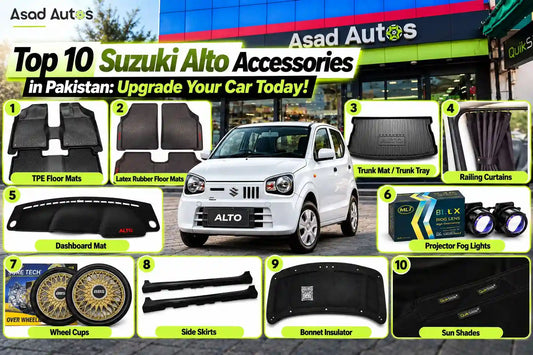 Top 10 Suzuki Alto accessories in Pakistan for interior protection, comfort, styling, and everyday driving upgrades.