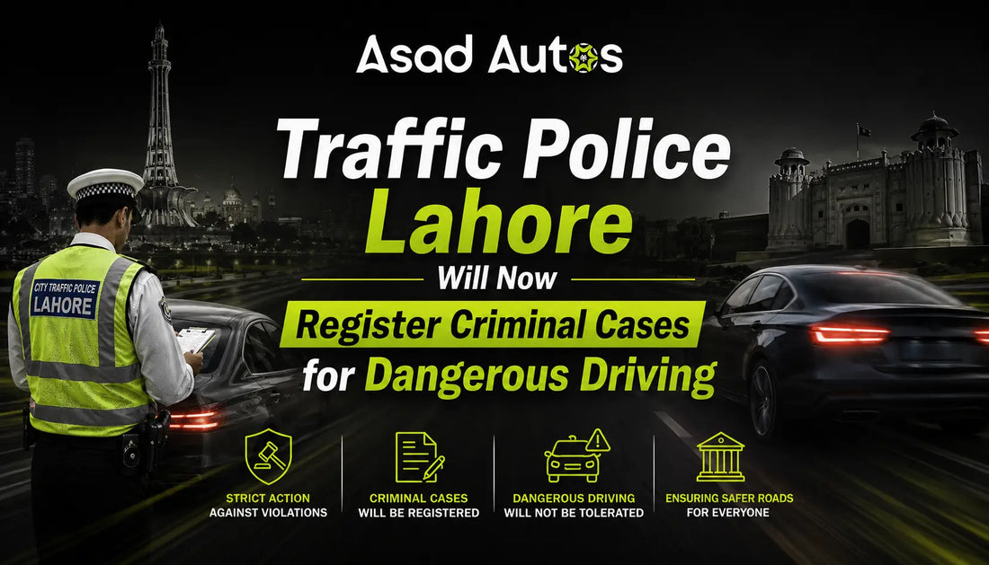 Traffic Police Lahore warden checking vehicles during a crackdown on dangerous driving
