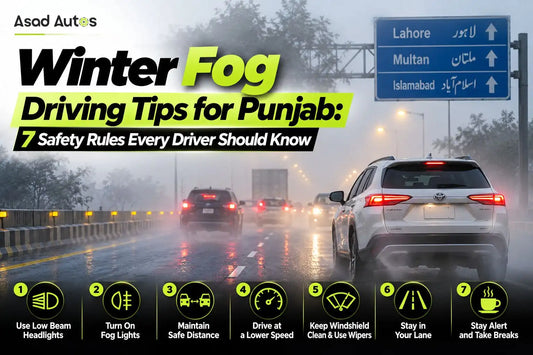 Winter Fog Driving Tips for Punjab – 7 Safety Rules for Safe Driving, Including Low Beam Headlights, Fog Lights, Safe Distance, Reduced Speed, and Windshield Visibility.