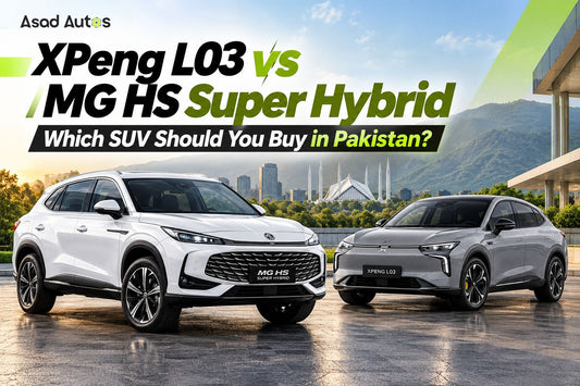 XPeng L03 vs MG HS Super Hybrid in Pakistan SUV comparison, highlighting design, features, performance and driving efficiency.