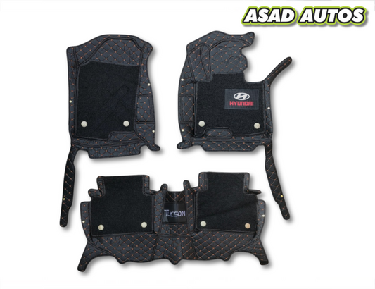 10D Floor Mats For Hyundai Tucson 2019–2024 – Black Mix Thread With Black Grass Finish