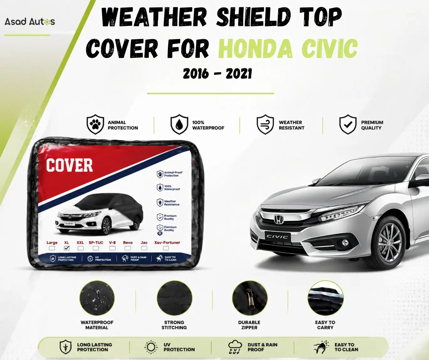 Weather shield top cover protecting Honda Civic 2016-2021 from rain and dust while parked outdoors - Asad Autos