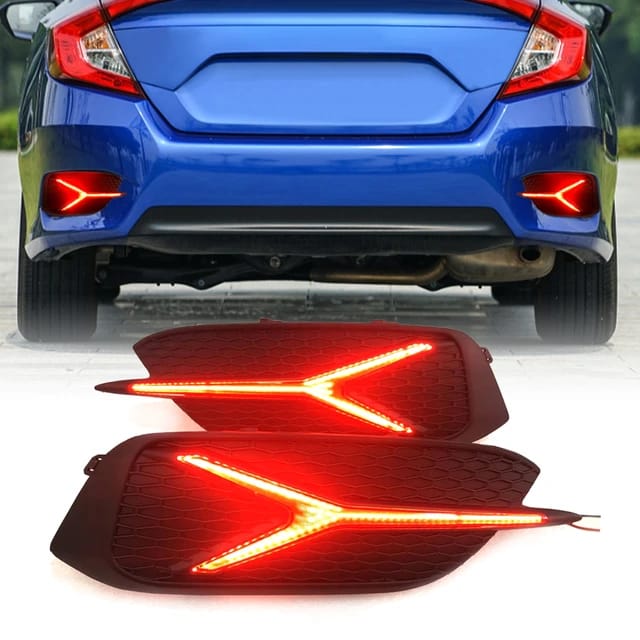 2Pcs Red Lens LED Rear Bumper Lights (Y Style) for Honda Civic 2016-2021, featuring brake and turn signal functions for enhanced visibility and stylish design.