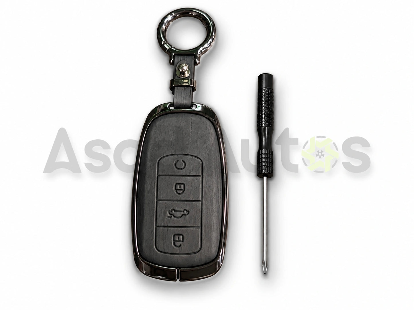 5D Zinc Leather Key Cover for Jaecoo J7 hanging from pants