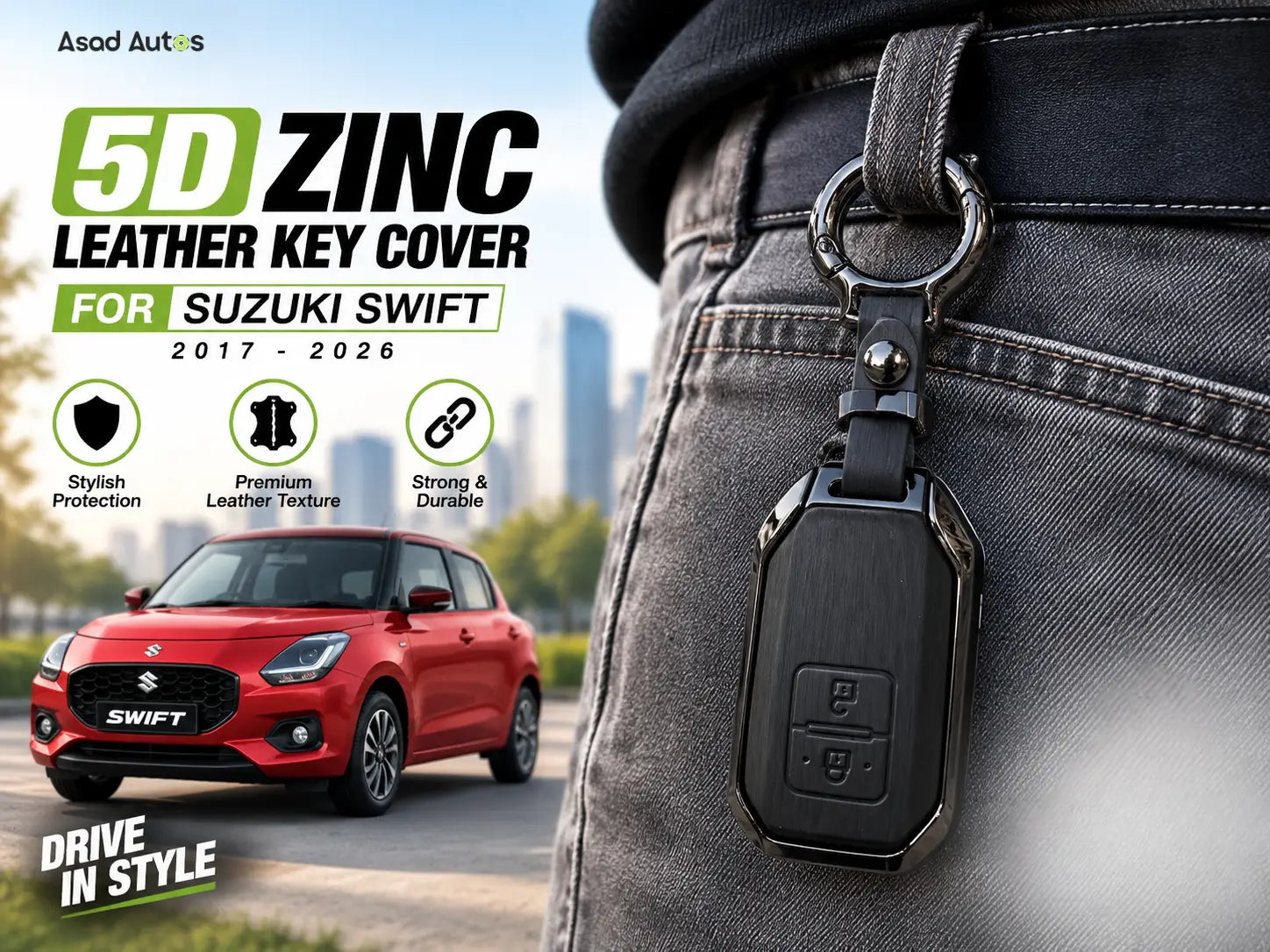 5D Zinc Leather Key Cover for Suzuki Swift 2017–2026