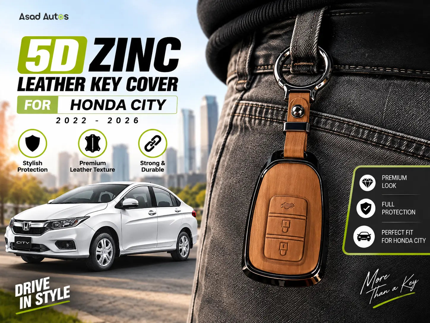 5D zinc leather key cover for Honda City 2022–2026 with key ring and screwdriver