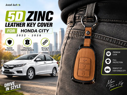 5D zinc leather key cover for Honda City 2022–2026 with key ring and screwdriver