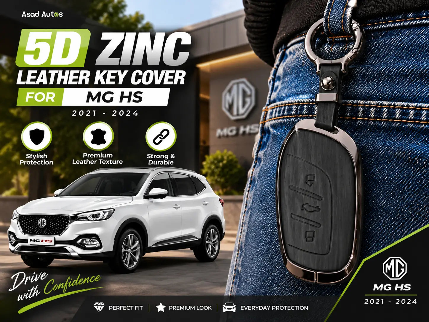 5D zinc leather key cover for MG HS 2021-2024