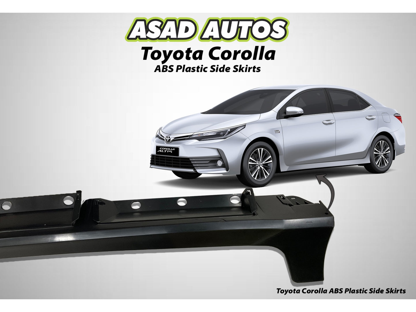 ABS plastic side skirts for Toyota Corolla 2015-2024, enhancing the vehicle’s appearance with a sleek, sporty look while improving aerodynamics for better performance.