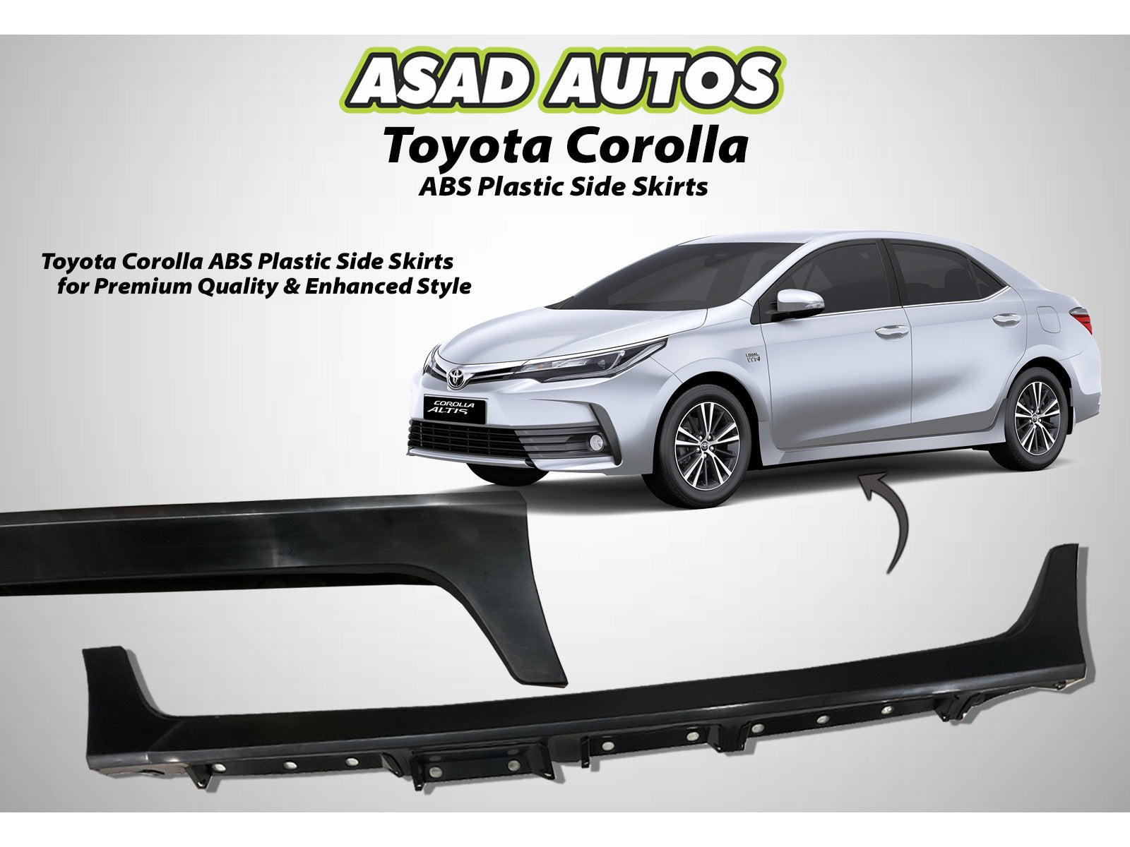 ABS plastic side skirts for Toyota Corolla 2015-2024, enhancing the vehicle’s appearance with a sleek, sporty look while improving aerodynamics for better performance.