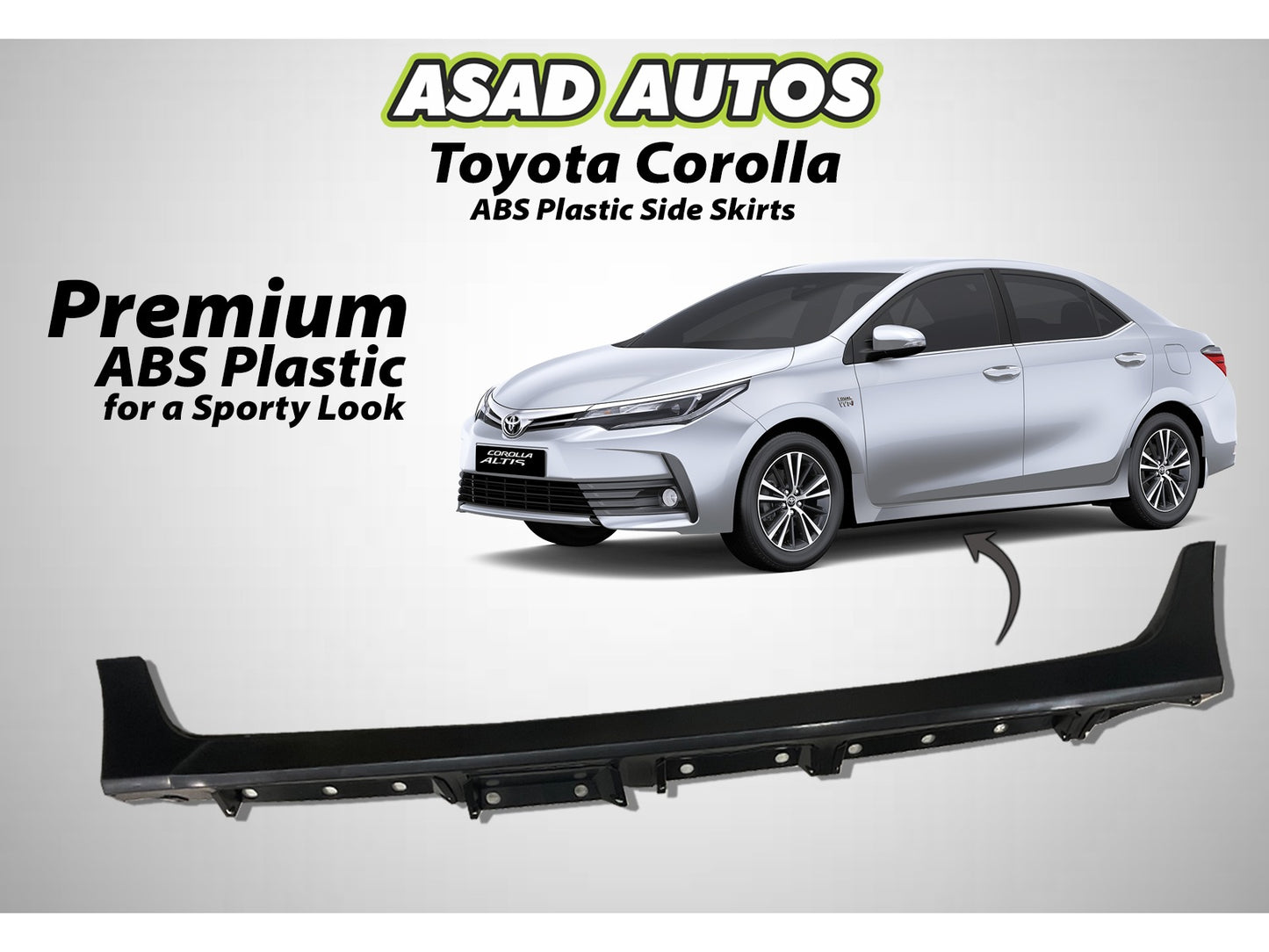 ABS plastic side skirts for Toyota Corolla 2015-2024, enhancing the vehicle’s appearance with a sleek, sporty look while improving aerodynamics for better performance.