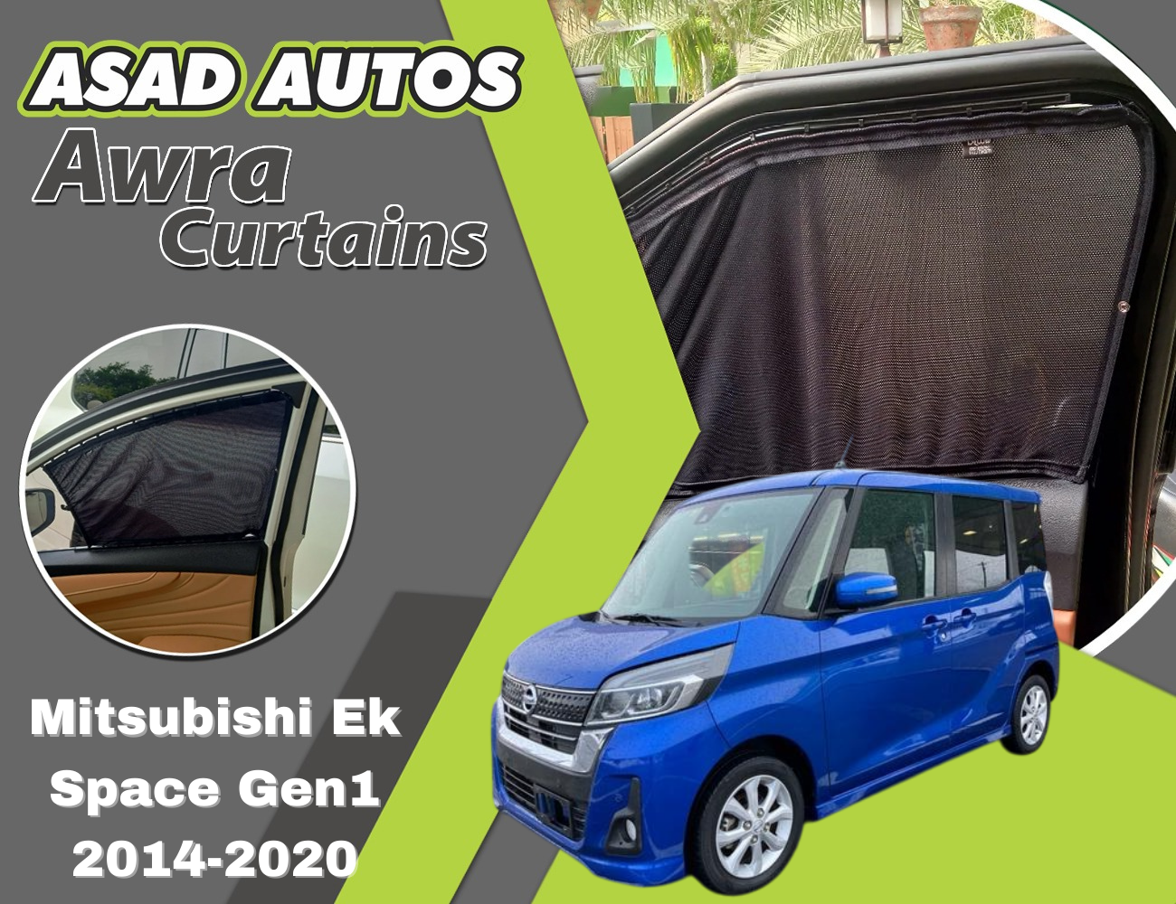 "Awra Curtains for Mitsubishi Ek Space Gen1 (2014-2020) – Premium Privacy Shades for Enhanced Comfort and UV Protection"







