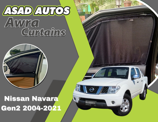 "Awra Curtains installed in Nissan Navara Gen2 (2004-2021) for privacy and sun protection"
