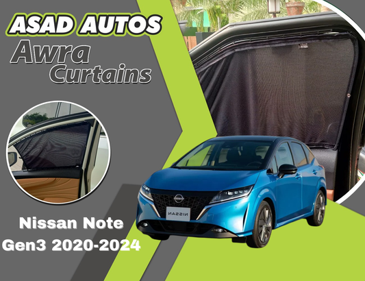 "Awra Curtains installed in Nissan Note Gen3 (2020-2024) for privacy and sun protection"
