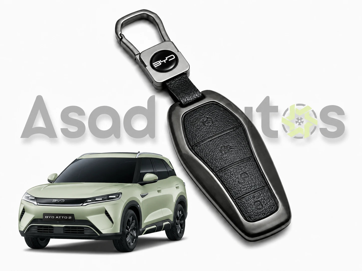 BYD Atto 2 key cover 2025-26 – premium leather and metal key fob case with keyring
