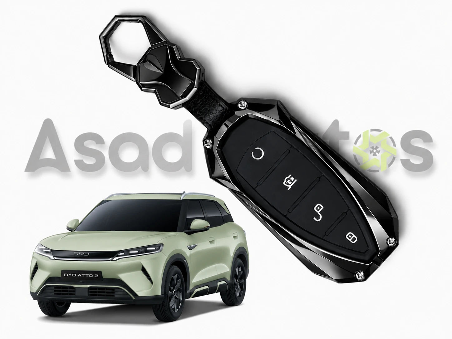 Batman style metal key cover 2025-2026 – bold key fob case with keyring for BYD Atto 2 by Asad Autos