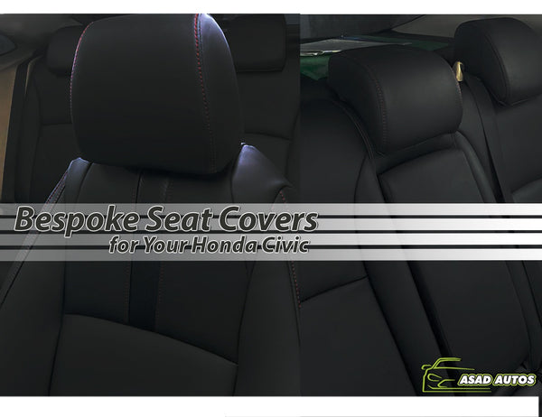 Bespoke custom seat covers for Honda Civic 2016-2025, offering tailored comfort, style, and protection.

