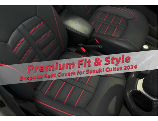 Bespoke seat covers for Suzuki Cultus 2024, offering premium fit and style with heat-resistant materials.
