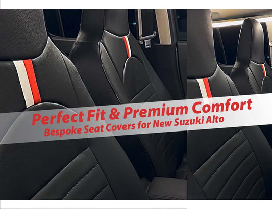 Bespoke seat covers for the New Suzuki Alto, offering premium fit, stylish design, and durable protection.