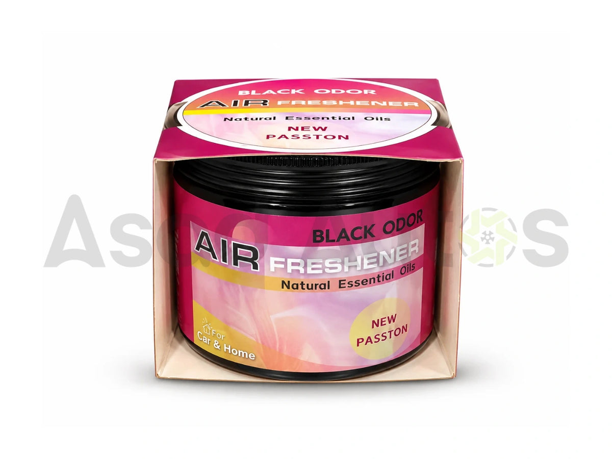 Black Odor New Passion gel air freshener in pink packaging for car and home