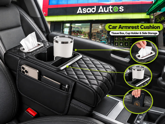 Black Quilted Car Armrest Cushion with Side Storage Pockets