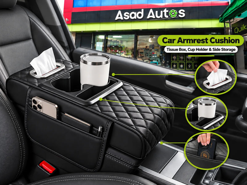 Black Quilted Car Armrest Cushion with Side Storage Pockets