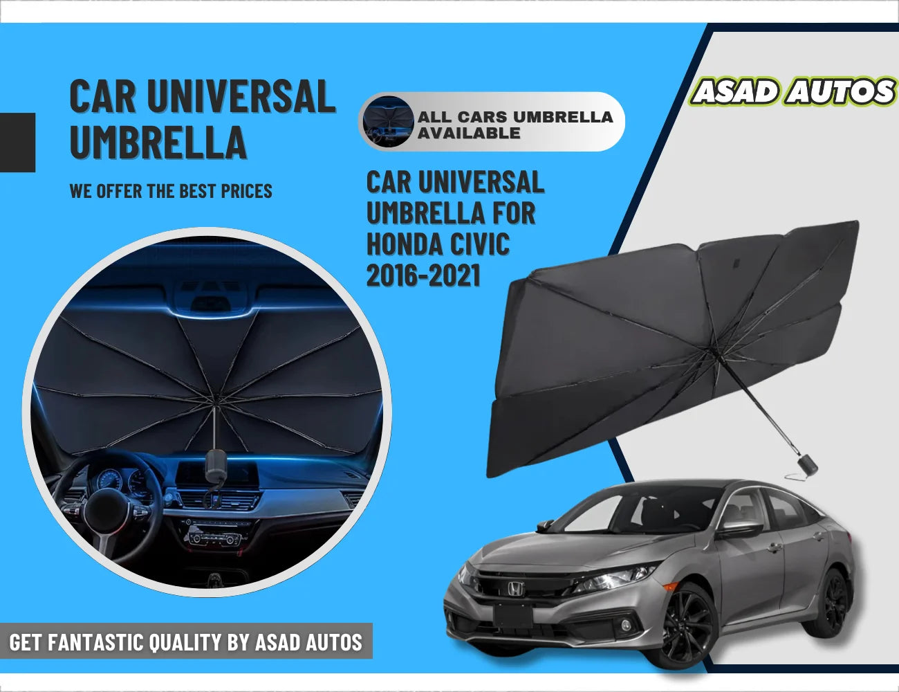 Buy foldable car umbrella sunshade for Honda Civic 2016–2021. Full windshield coverage, UV protection, and interior cooling in seconds.
