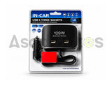 Car 3-in-1 Socket Charger 120W with dual USB ports and three power sockets