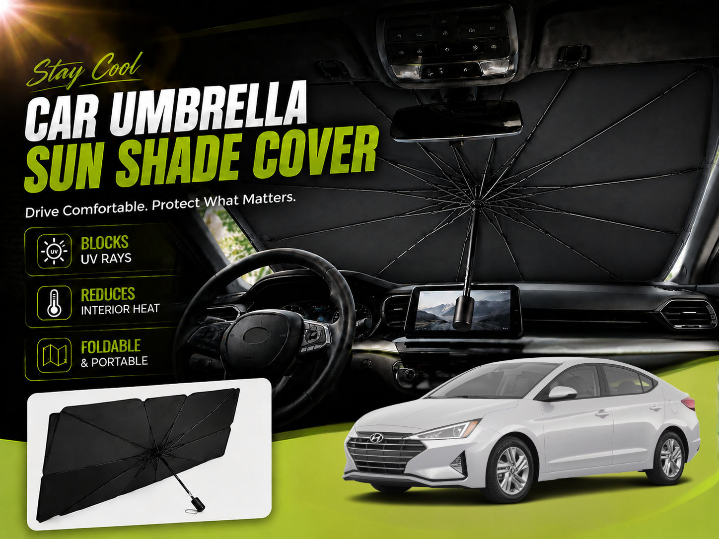 Car Umbrella Sun Shade Cover for Hyundai Elantra (2017–2024) – Foldable Windshield UV & Heat Protection Shield