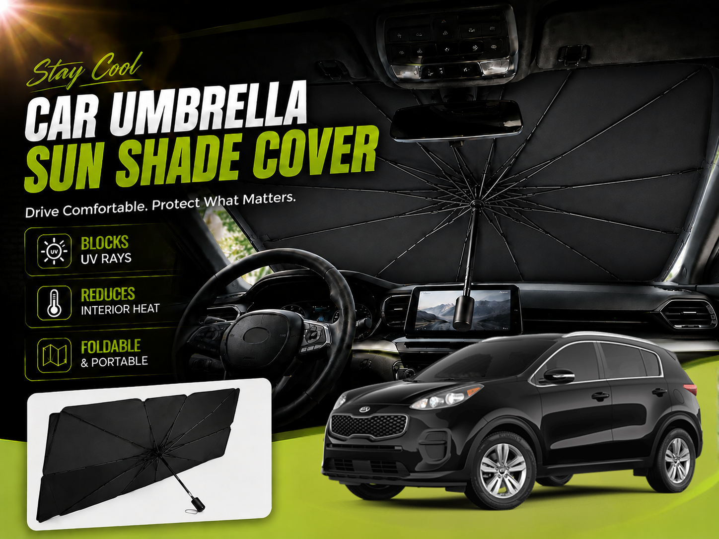 Car Umbrella Sun Shade for Kia Sportage 2018–2024 – Foldable Windshield UV & Heat Protection Cover