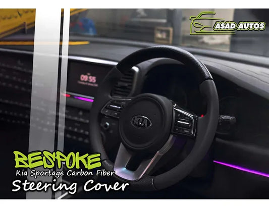 Carbon Fiber Bespoke Steering Cover for Kia Sportage, offering a premium fit and enhanced comfort, adding a sleek, sporty look to the vehicle's interior.
