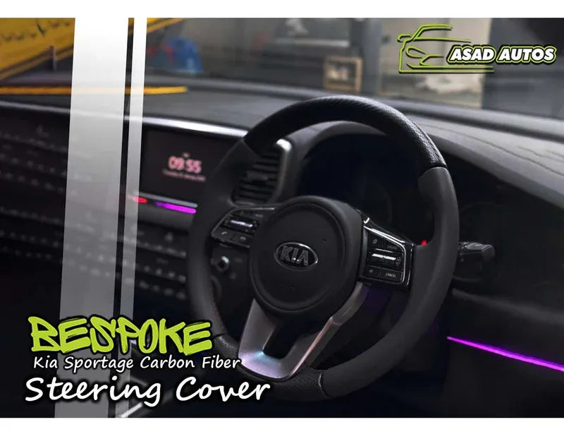 Carbon Fiber Bespoke Steering Cover for Kia Sportage, offering a premium fit and enhanced comfort, adding a sleek, sporty look to the vehicle's interior.
