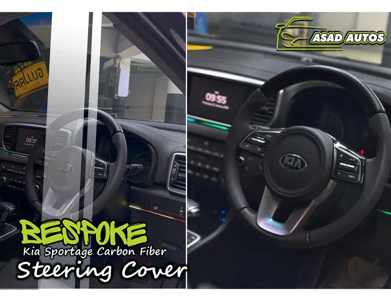 Carbon Fiber Bespoke Steering Cover for Kia Sportage, offering a premium fit and enhanced comfort, adding a sleek, sporty look to the vehicle's interior.
