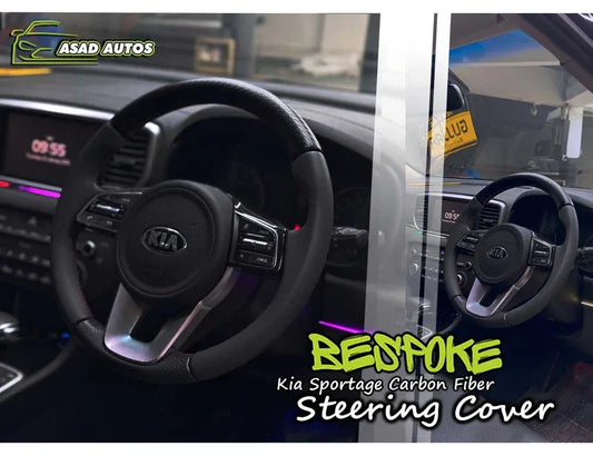Carbon Fiber Bespoke Steering Cover for Kia Sportage, offering a premium fit and enhanced comfort, adding a sleek, sporty look to the vehicle's interior.
